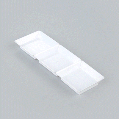 Mini Serve Rectangle White Plastic Terzetto Mini Plate - 3 Compartments - 7 1/2" x 2 1/2" x 1/2" - 100 count box
