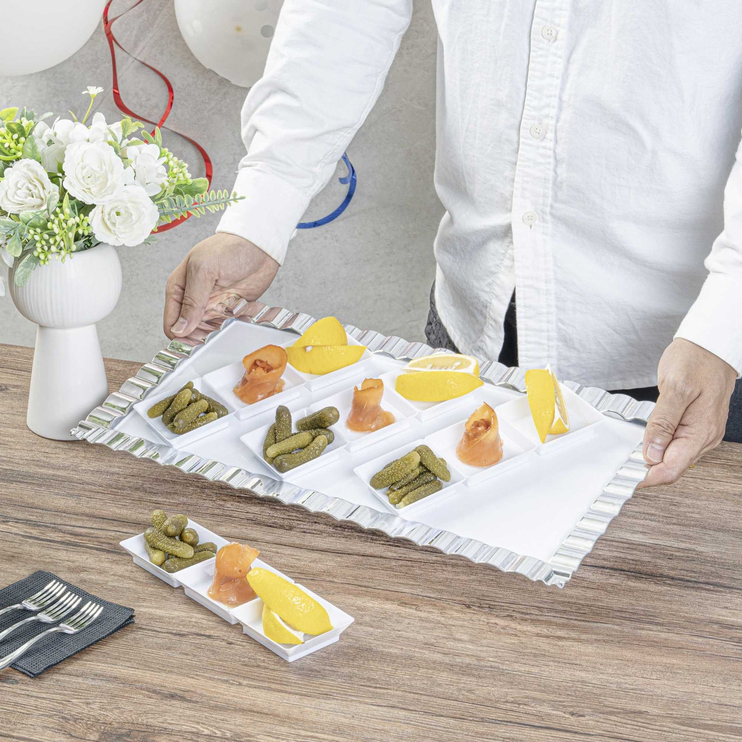 Mini Serve Rectangle White Plastic Terzetto Mini Plate - 3 Compartments - 7 1/2" x 2 1/2" x 1/2" - 100 count box