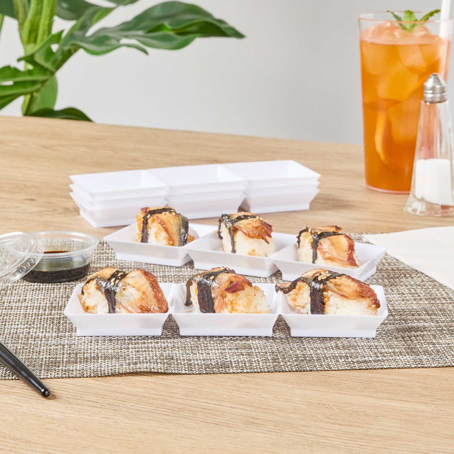 Mini Serve Rectangle White Plastic Terzetto Mini Plate - 3 Compartments - 7 1/2" x 2 1/2" x 1/2" - 100 count box