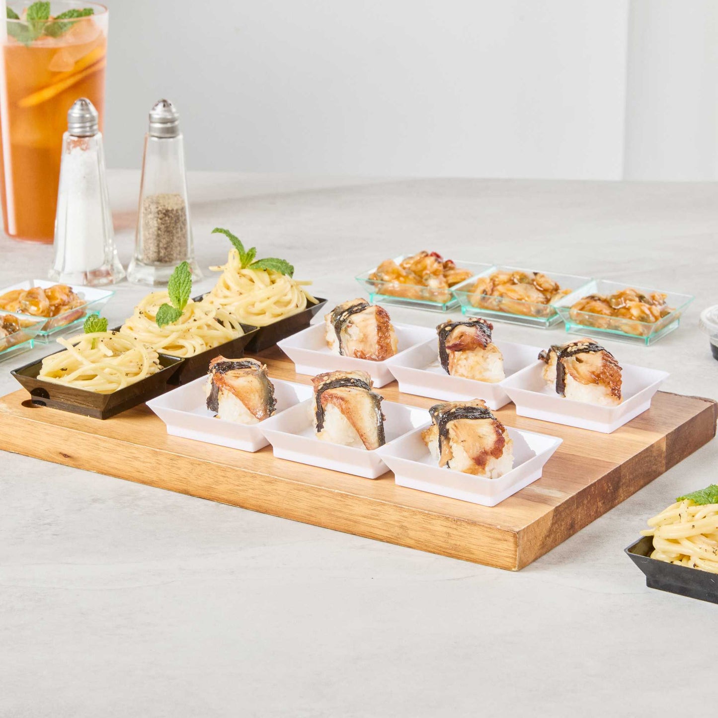 Mini Serve Rectangle White Plastic Terzetto Mini Plate - 3 Compartments - 7 1/2" x 2 1/2" x 1/2" - 100 count box