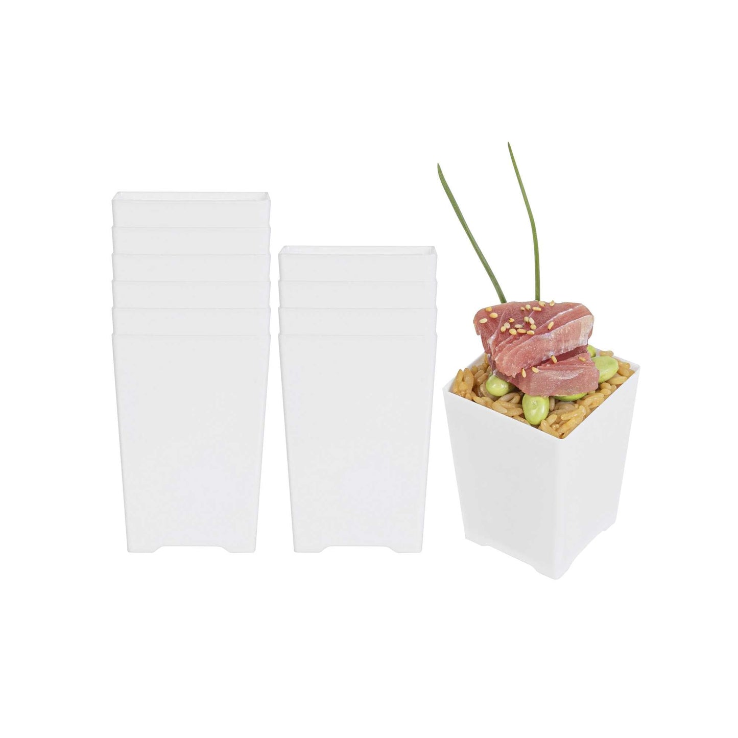 Mini Serve 4 oz Square White Plastic Tall Quadrato Cup - 2" x 2 3/4" x 2" - 100 count box