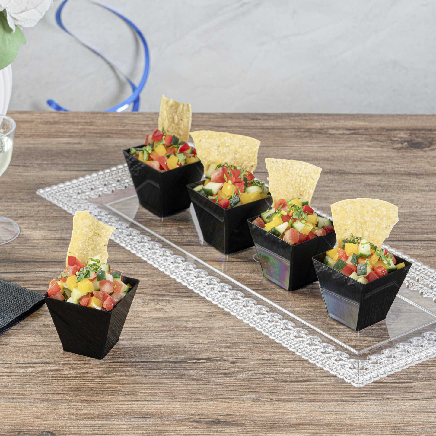 Mini Serve 2 oz Square Black Plastic Mini Kova Cup - 2" x 2" x 1 3/4" - 100 count box