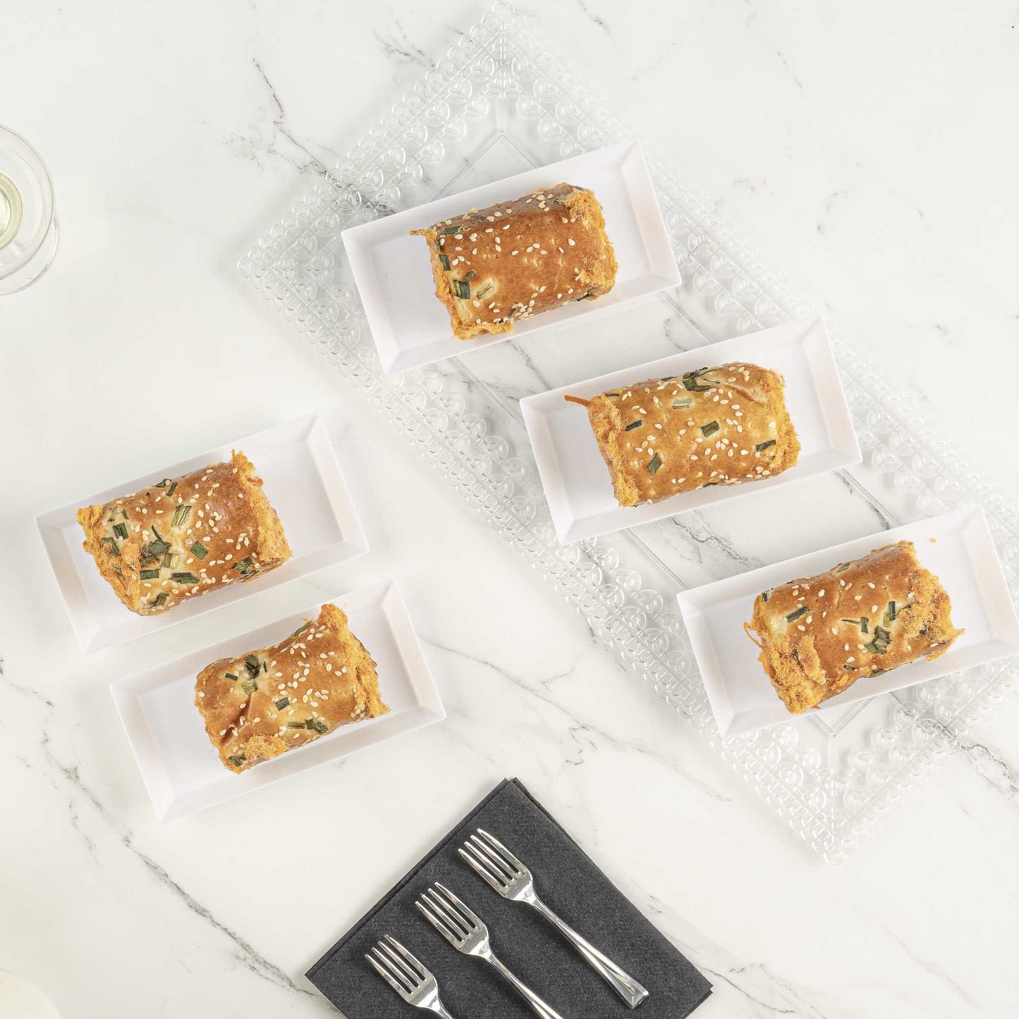 Mini Serve Rectangle White Plastic Plate - 5" x 2 1/2" x 1/2" - 100 count box