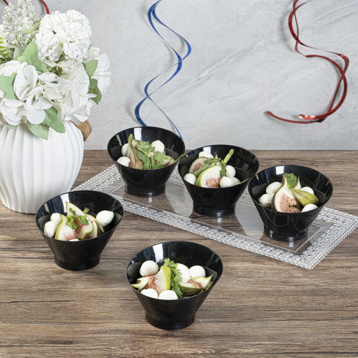 Mini Serve 7 oz Round Black Plastic Incline Bowl - 4 1/4" x 4 1/4" x 2 3/4" - 100 count box