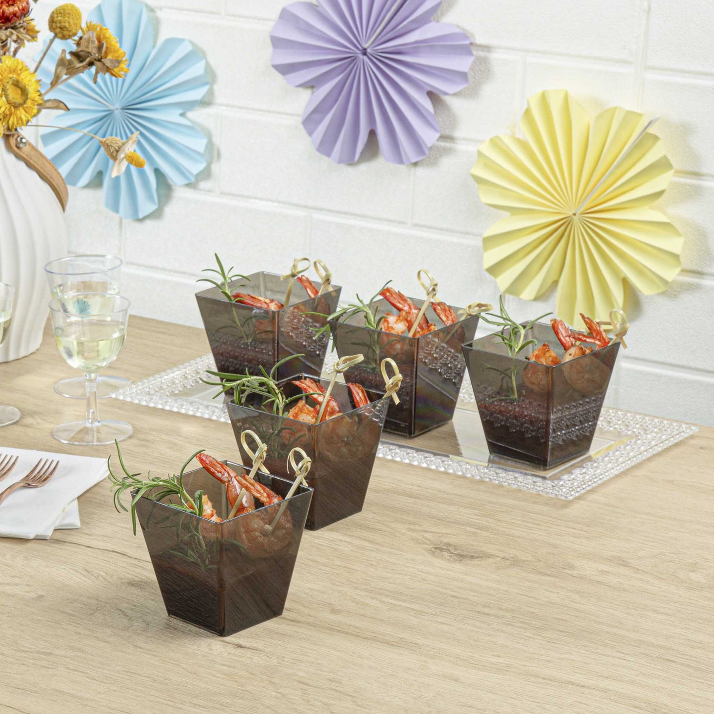 Mini Serve 8 oz Square Smoked Gray Plastic Large Kova Cup - 2 3/4" x 2 3/4" x 2 3/4" - 100 count box