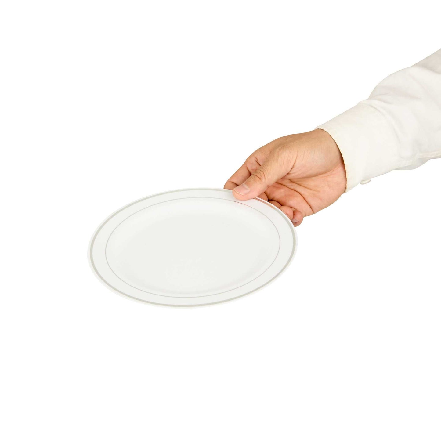 Maxi Serve Round White Plastic Silver-Rimmed Plate - 7 1/2" x 7 1/2" x 1/2" - 100 count box