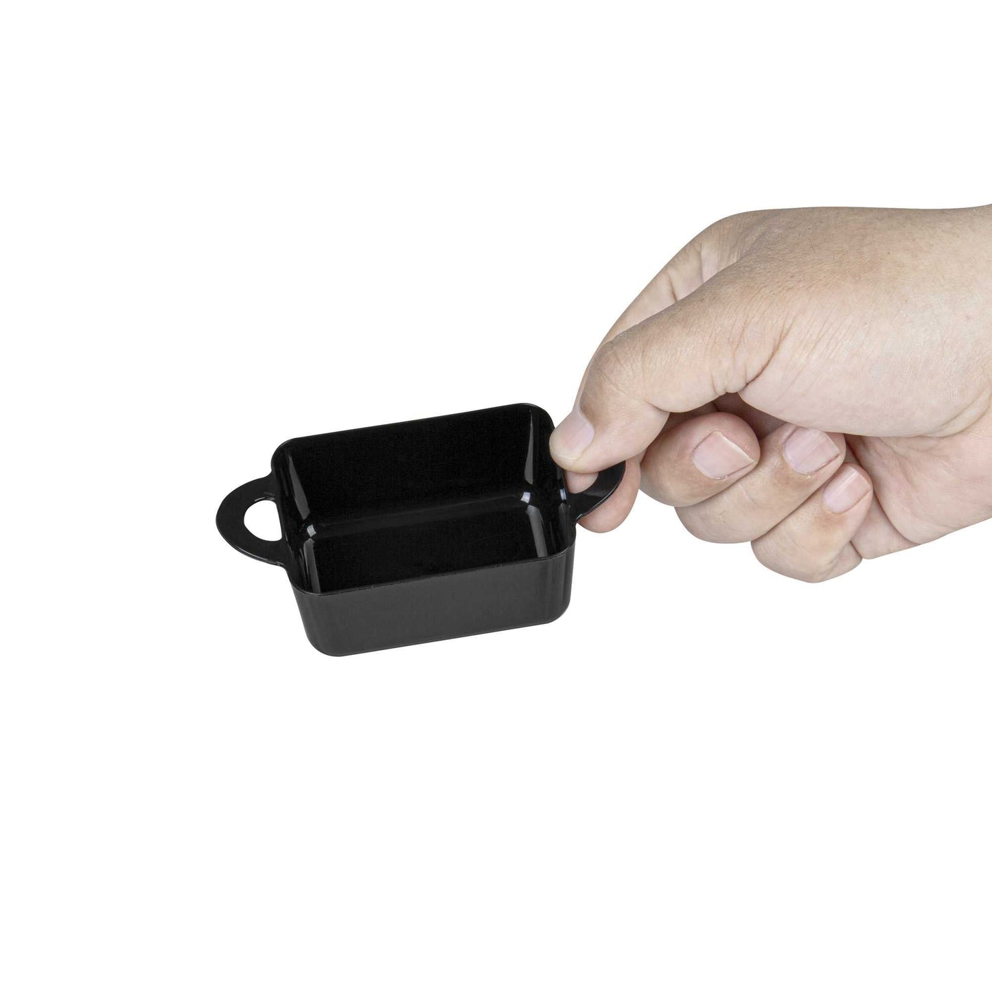 Mini Serve 3 oz Rectangle Black Plastic Cocotte - 3 3/4" x 2" x 1 1/2" - 100 count box