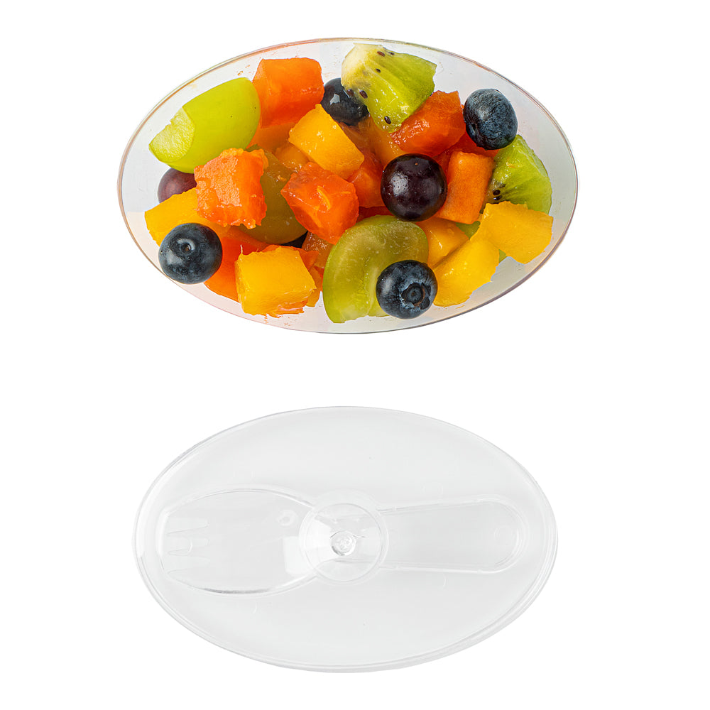 Mini Serve 4 oz Oval Clear Plastic Deli Cup - with Spork in Lid - 4 1/2" x 2 3/4" x 2 3/4" - 100 count box