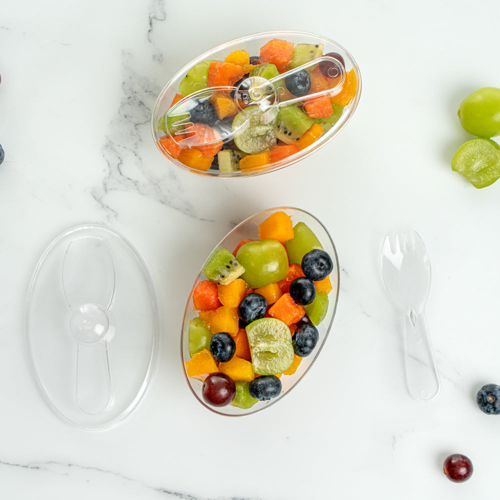 Mini Serve 4 oz Oval Clear Plastic Deli Cup - with Spork in Lid - 4 1/2" x 2 3/4" x 2 3/4" - 100 count box