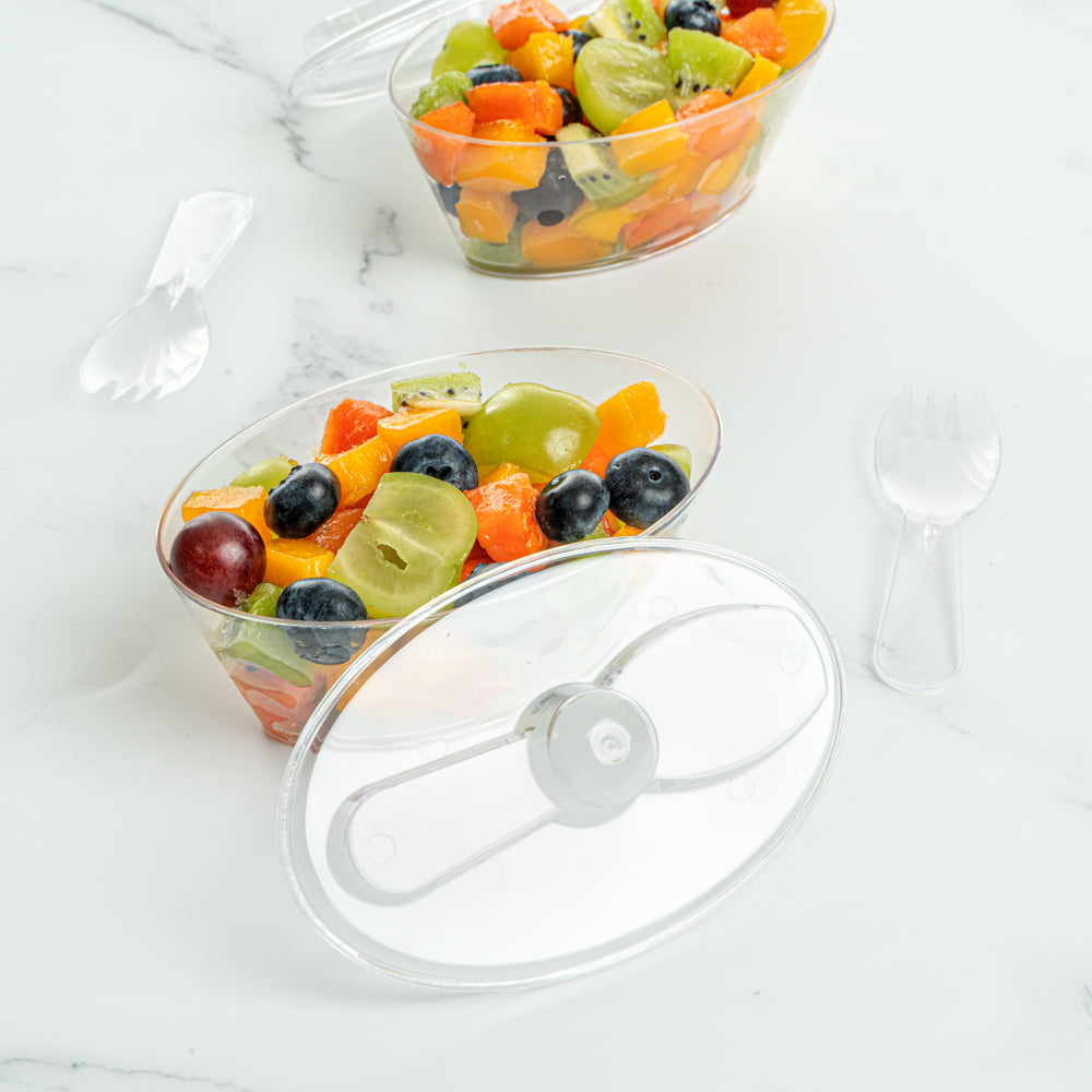 Mini Serve 4 oz Oval Clear Plastic Deli Cup - with Spork in Lid - 4 1/2" x 2 3/4" x 2 3/4" - 100 count box