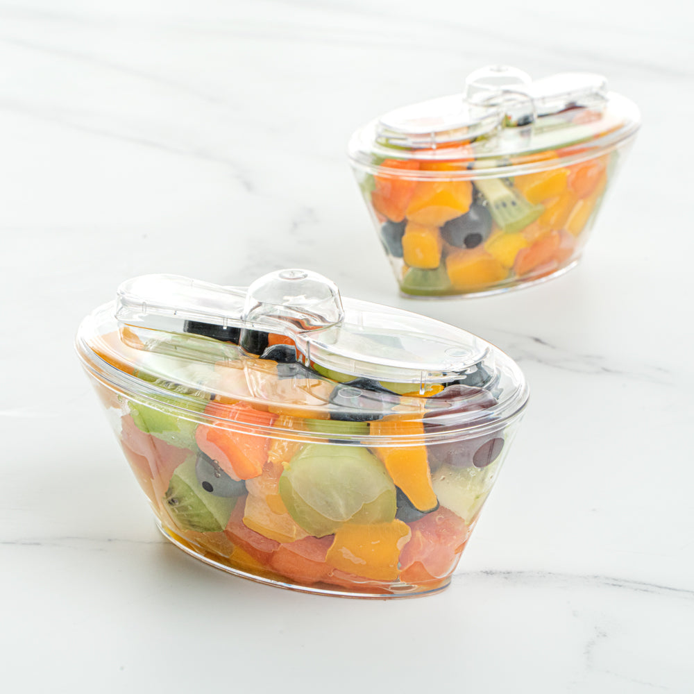 Mini Serve 4 oz Oval Clear Plastic Deli Cup - with Spork in Lid - 4 1/2" x 2 3/4" x 2 3/4" - 100 count box