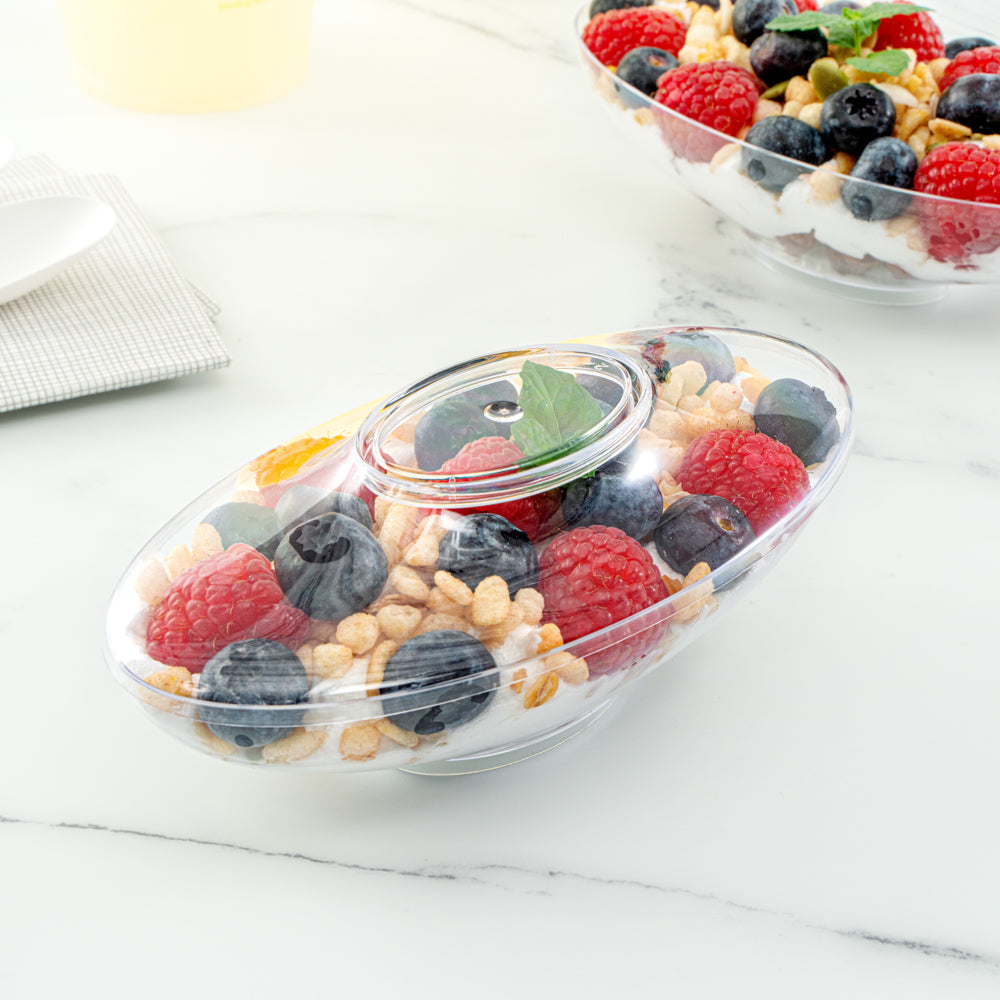 Mini Serve 6 oz Oval Clear Plastic Deli Cup - Stackable, with Lid - 5 1/2" x 3 1/4" x 2 1/2" - 100 count box