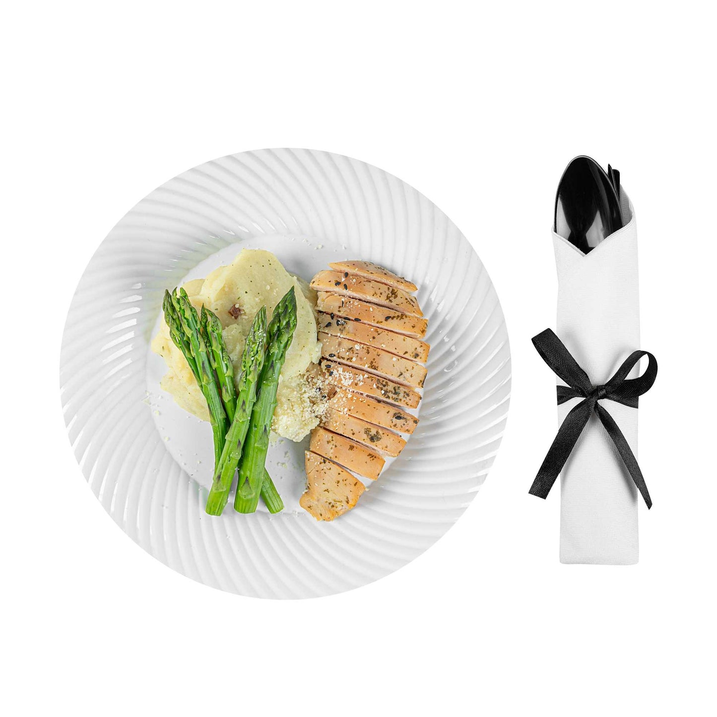 Moderna Black Plastic Cutlery Set - with White Napkin, Black Ribbon - 7 1/4" x 2" x 1 3/4" - 100 count box