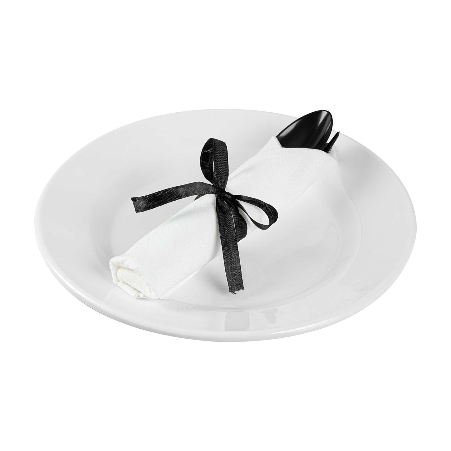 Moderna Black Plastic Cutlery Set - with White Napkin, Black Ribbon - 7 1/4" x 2" x 1 3/4" - 100 count box