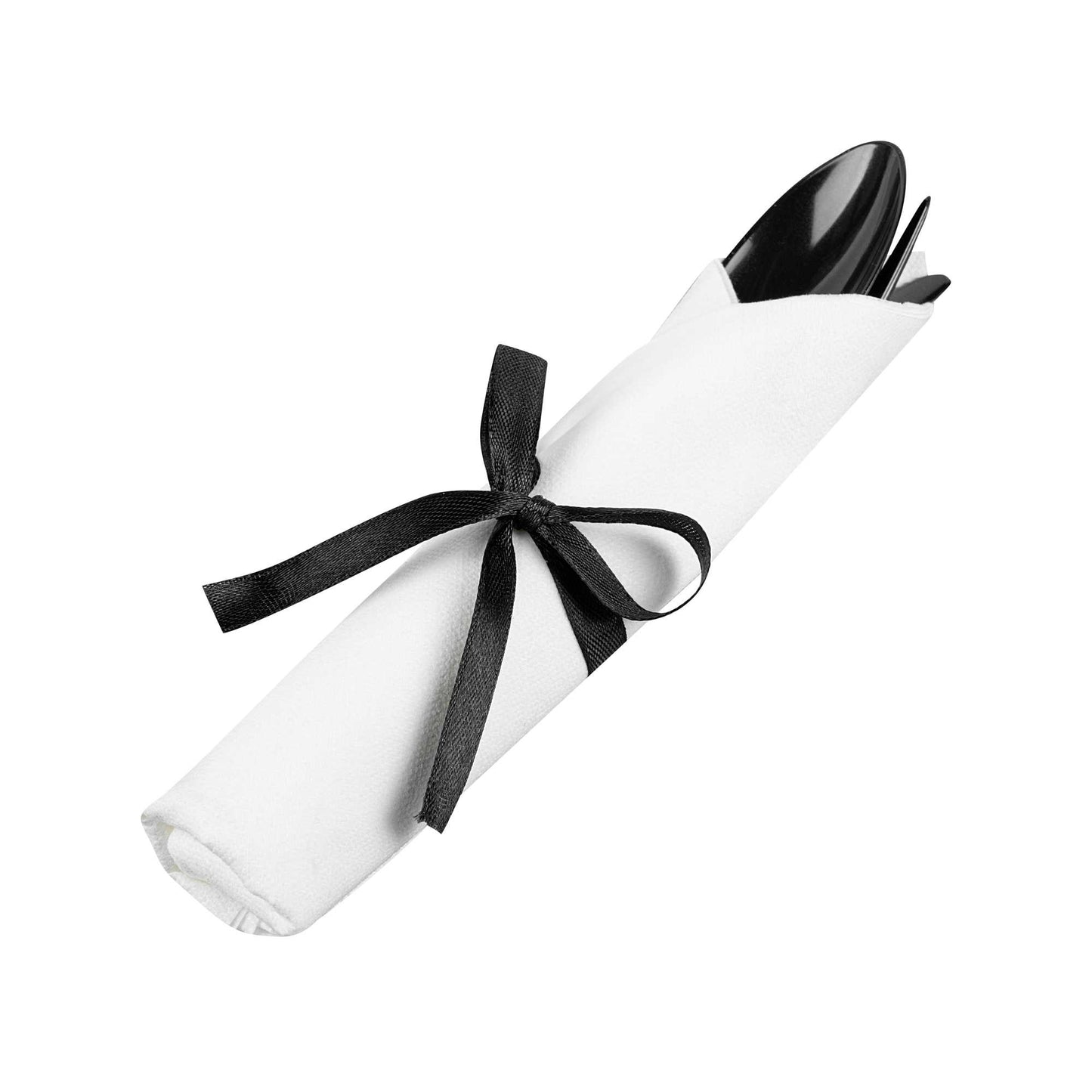 Moderna Black Plastic Cutlery Set - with White Napkin, Black Ribbon - 7 1/4" x 2" x 1 3/4" - 100 count box