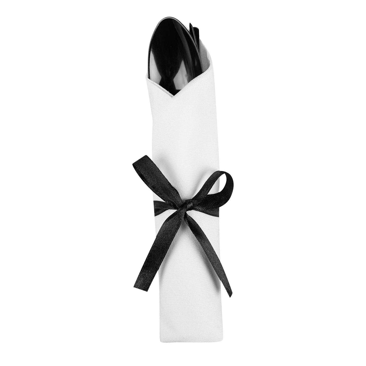 Moderna Black Plastic Cutlery Set - with White Napkin, Black Ribbon - 7 1/4" x 2" x 1 3/4" - 100 count box
