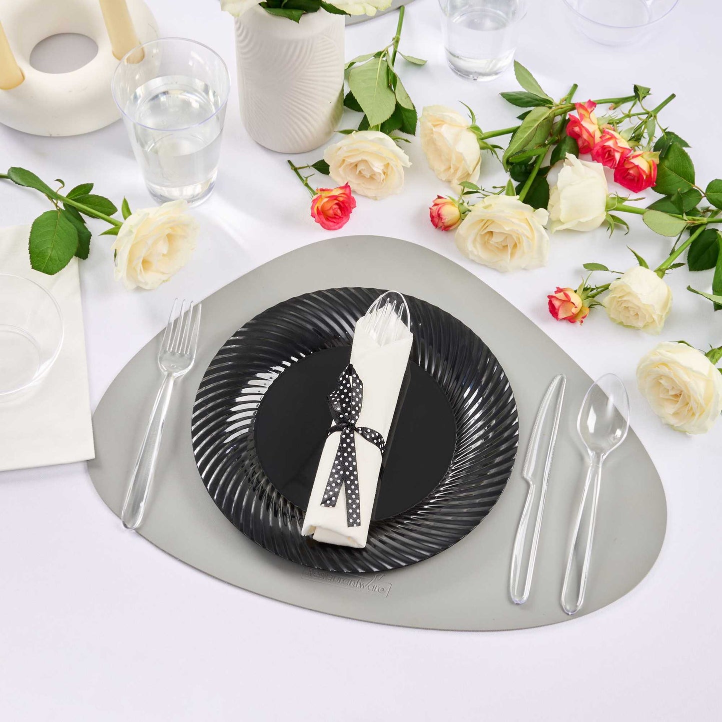 Moderna Clear Plastic Cutlery Set - with White Napkin, Polka Dot Ribbon - 7 1/4" x 2" x 1 3/4" - 100 count box