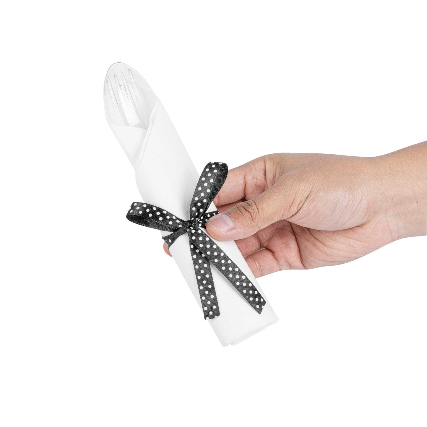 Moderna Clear Plastic Cutlery Set - with White Napkin, Polka Dot Ribbon - 7 1/4" x 2" x 1 3/4" - 100 count box