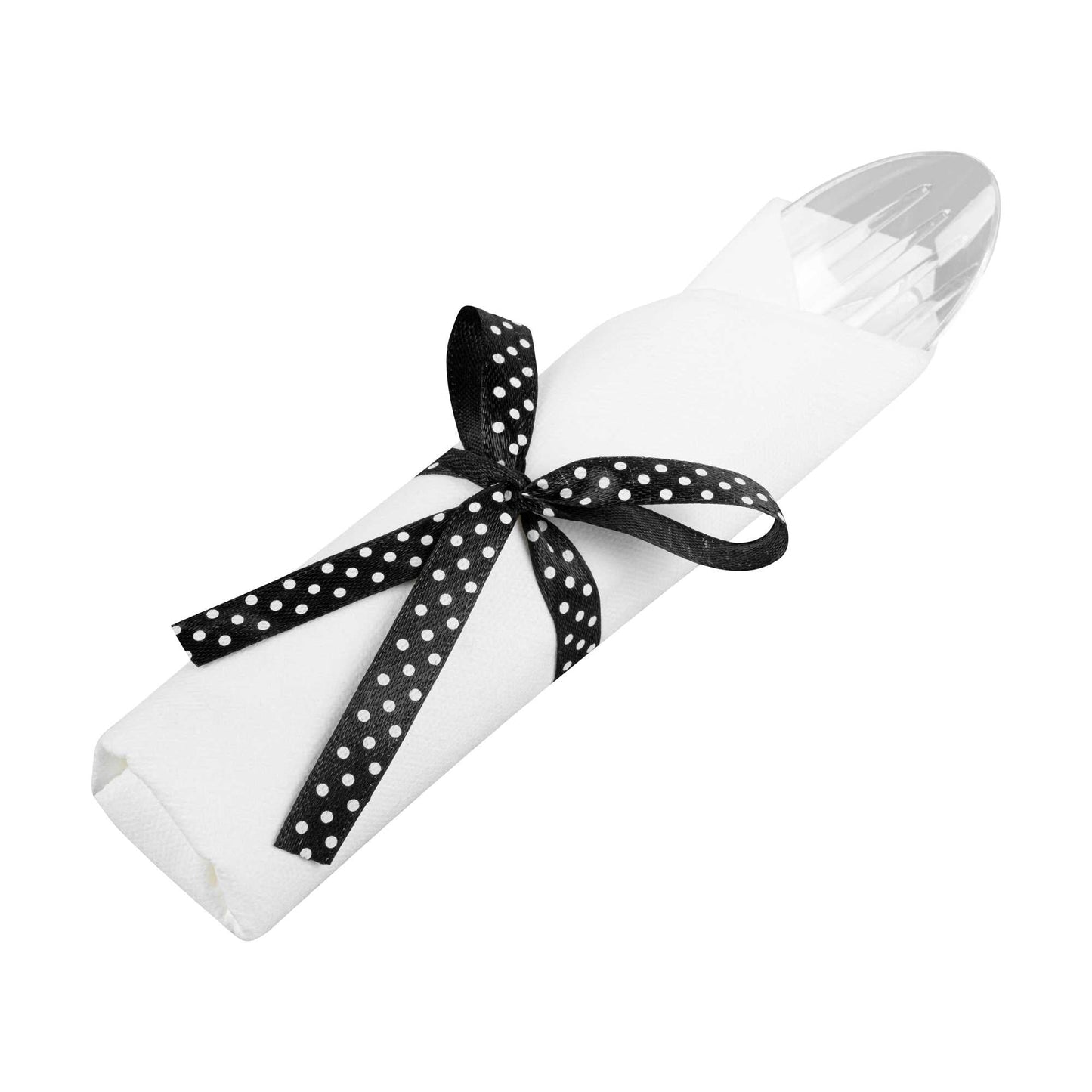 Moderna Clear Plastic Cutlery Set - with White Napkin, Polka Dot Ribbon - 7 1/4" x 2" x 1 3/4" - 100 count box
