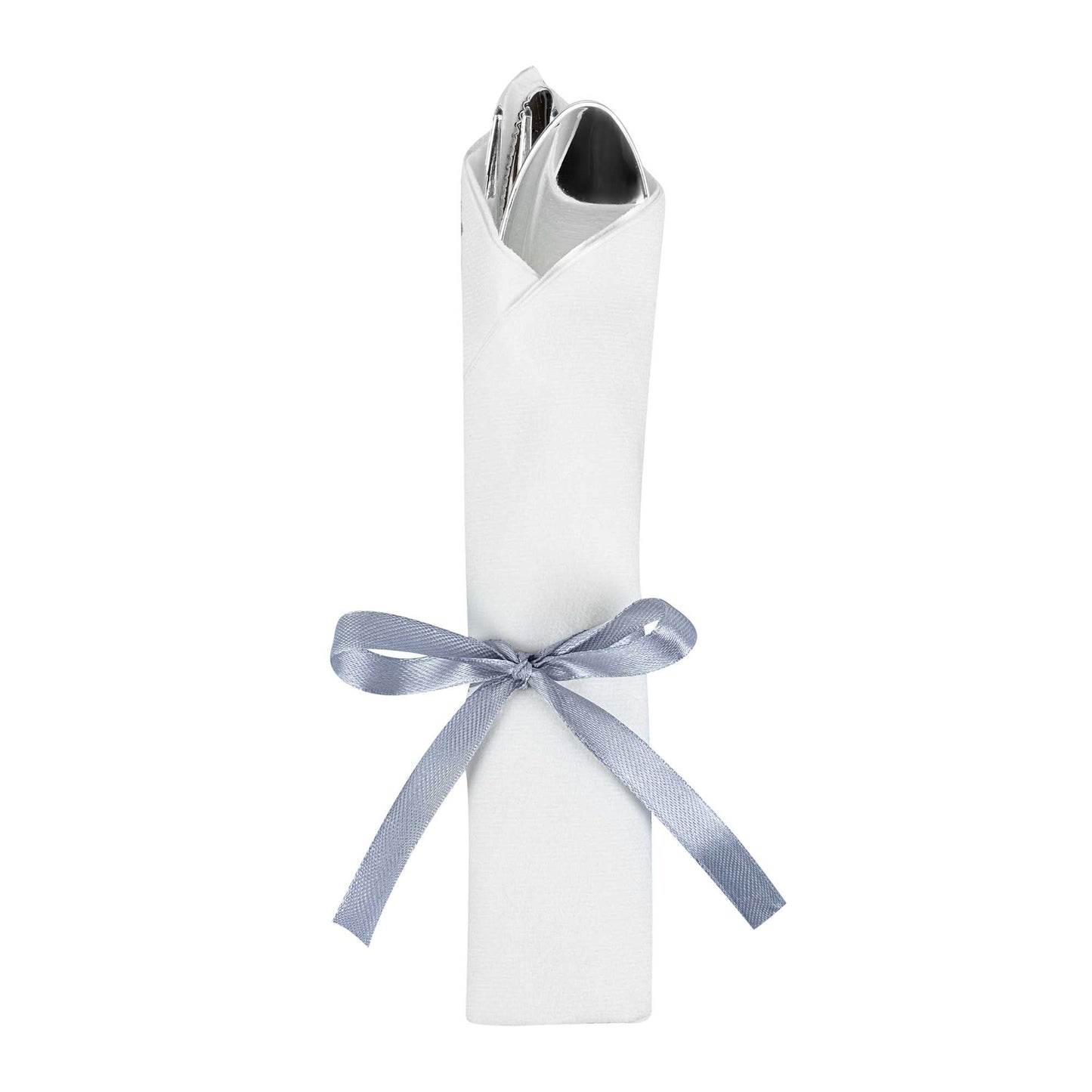Moderna Silver Plastic Cutlery Set - with White Napkin, Silver Ribbon - 7 1/4" x 2" x 1 3/4" - 100 count box