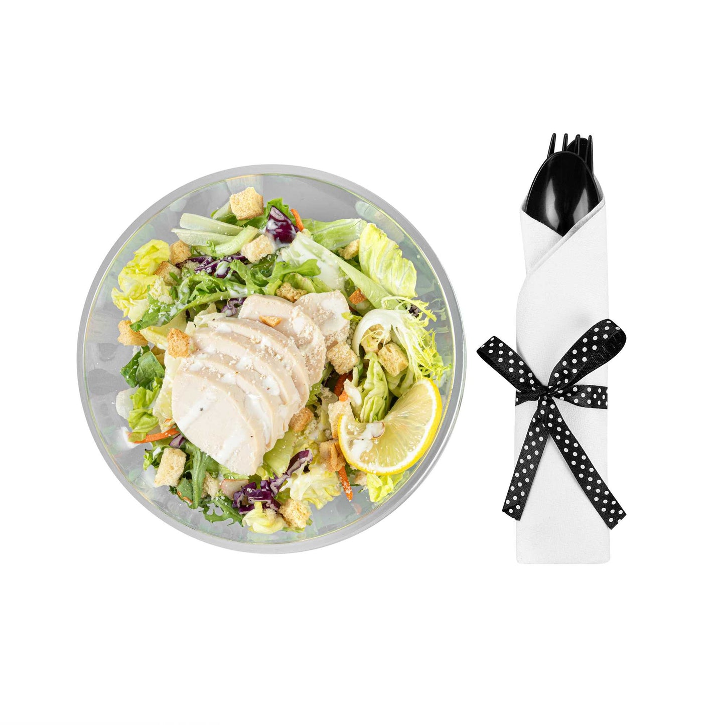 Argento Black Plastic Cutlery Set - with White Napkin, Polka Dot Ribbon - 7 1/4" x 2" x 1 3/4" - 100 count box