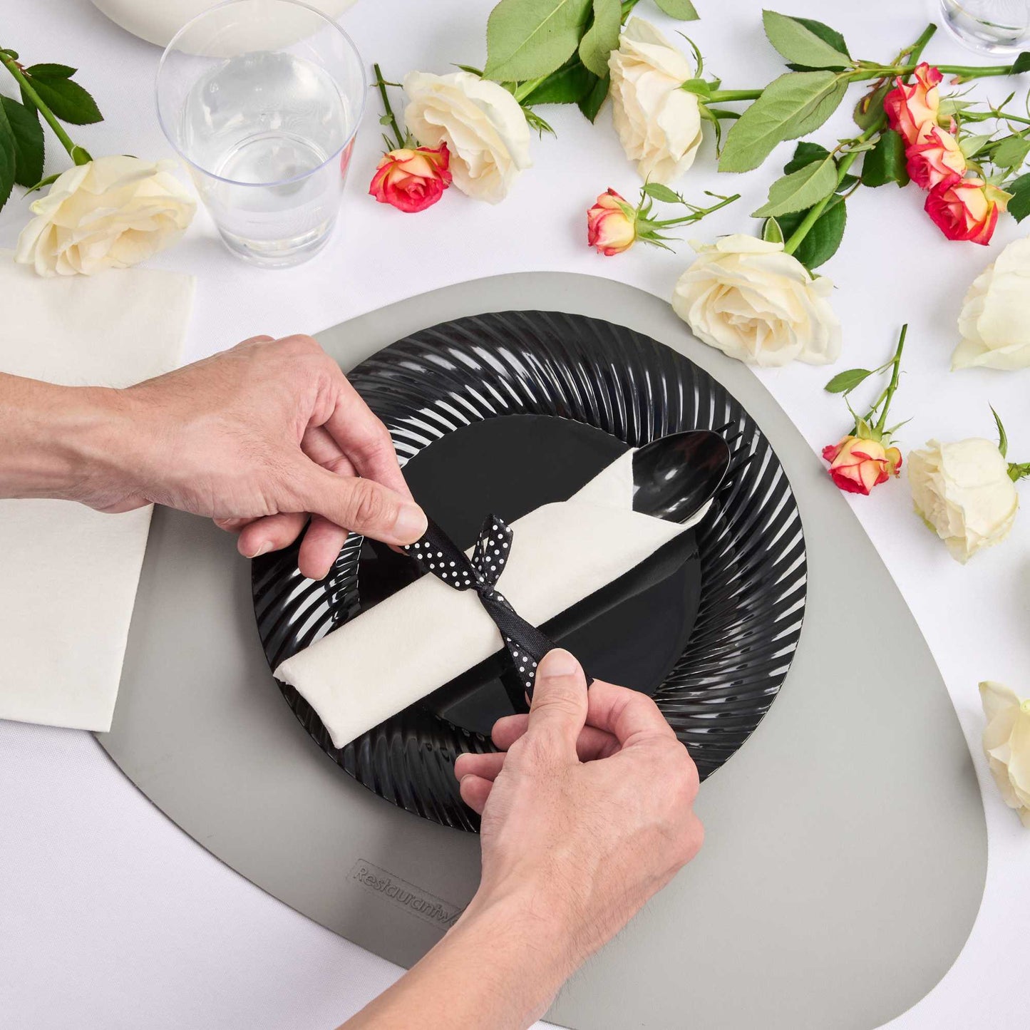 Argento Black Plastic Cutlery Set - with White Napkin, Polka Dot Ribbon - 7 1/4" x 2" x 1 3/4" - 100 count box