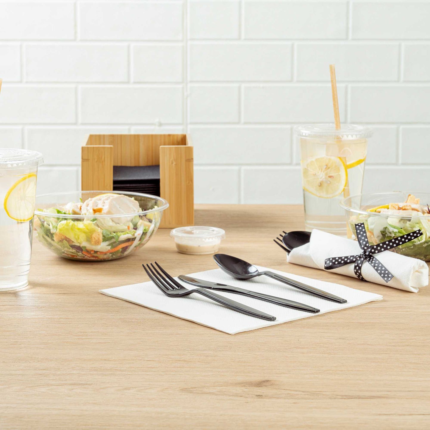 Argento Black Plastic Cutlery Set - with White Napkin, Polka Dot Ribbon - 7 1/4" x 2" x 1 3/4" - 100 count box
