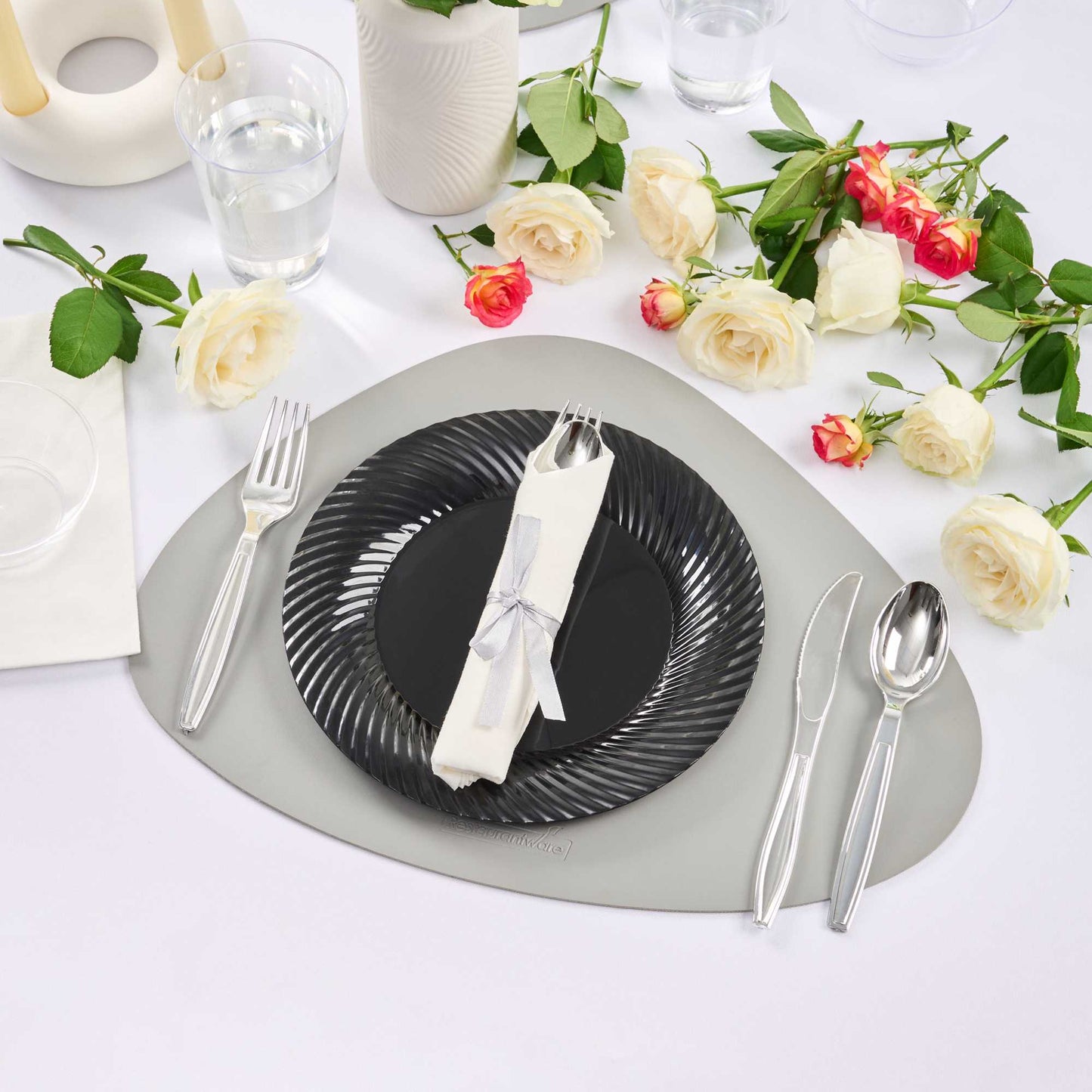 Argento Silver Plastic Cutlery Set - with White Napkin, Silver Ribbon - 7 1/4" x 2" x 1 3/4" - 100 count box