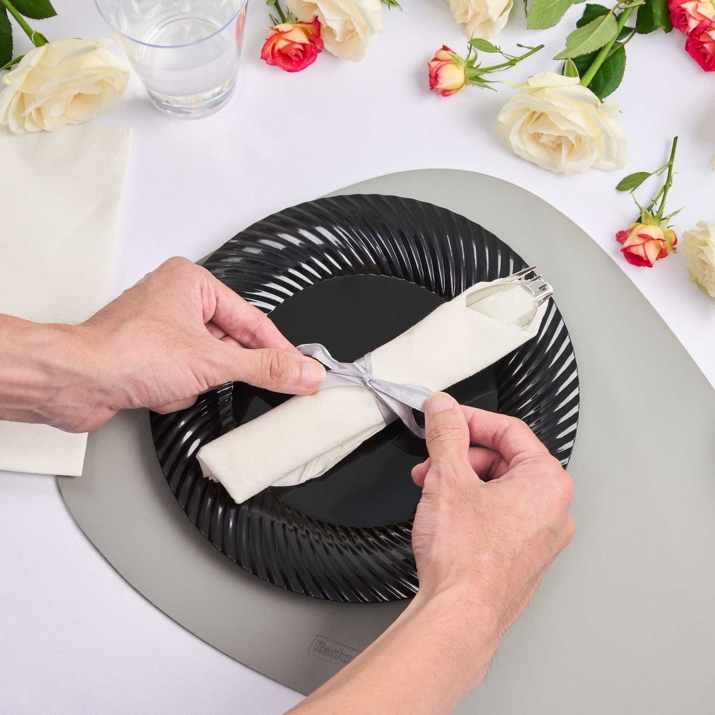 Argento Silver Plastic Cutlery Set - with White Napkin, Silver Ribbon - 7 1/4" x 2" x 1 3/4" - 100 count box