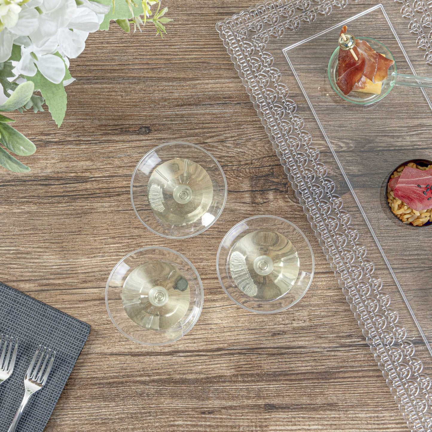 Bev Tek 2 oz Round Clear Plastic Mini Martini Glass - 2 1/2" x 2 1/2" x 3 3/4" - 100 count box