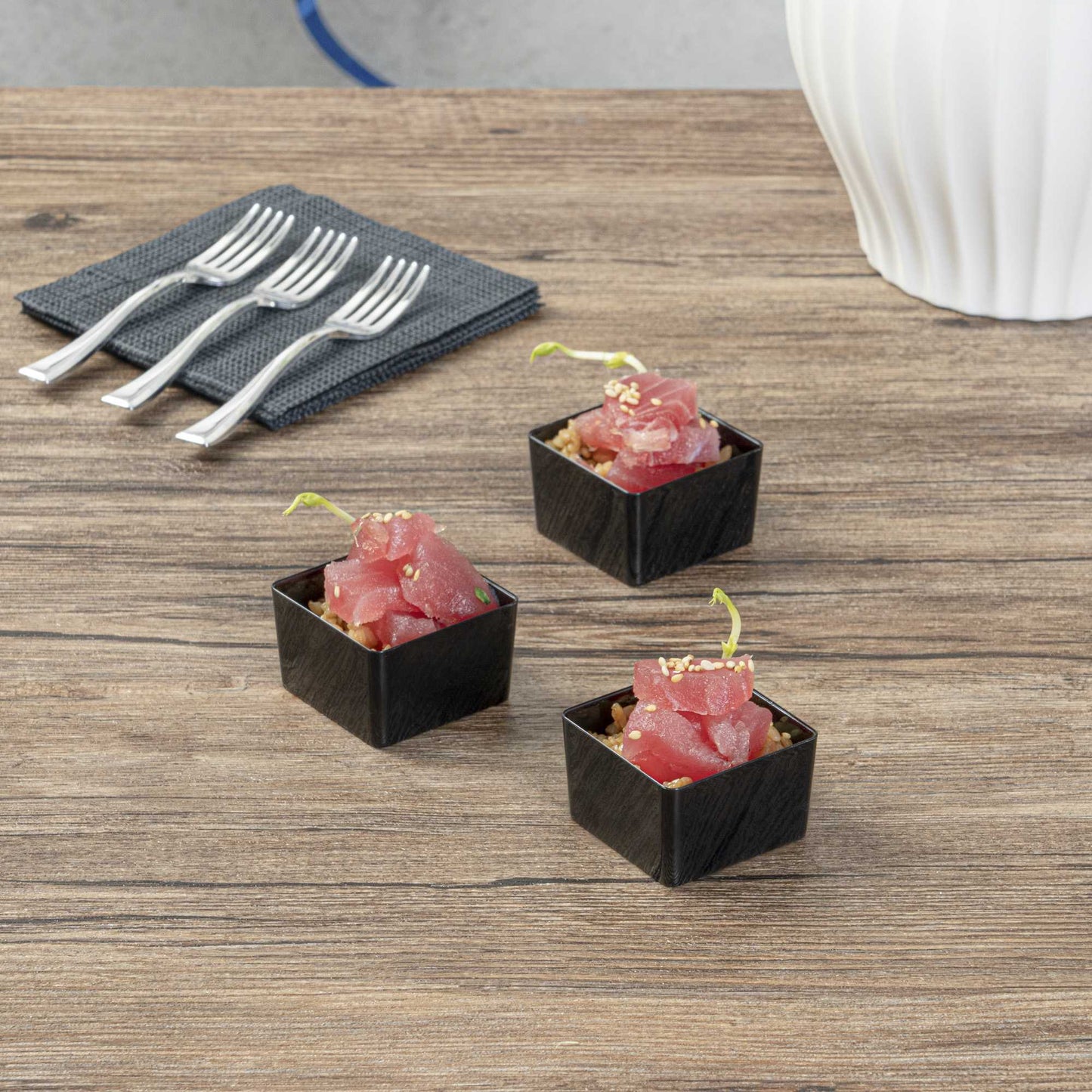 Mini Serve 2 oz Square Black Plastic Short Quadrato Cup - 1 3/4" x 1 3/4" x 1" - 100 count box