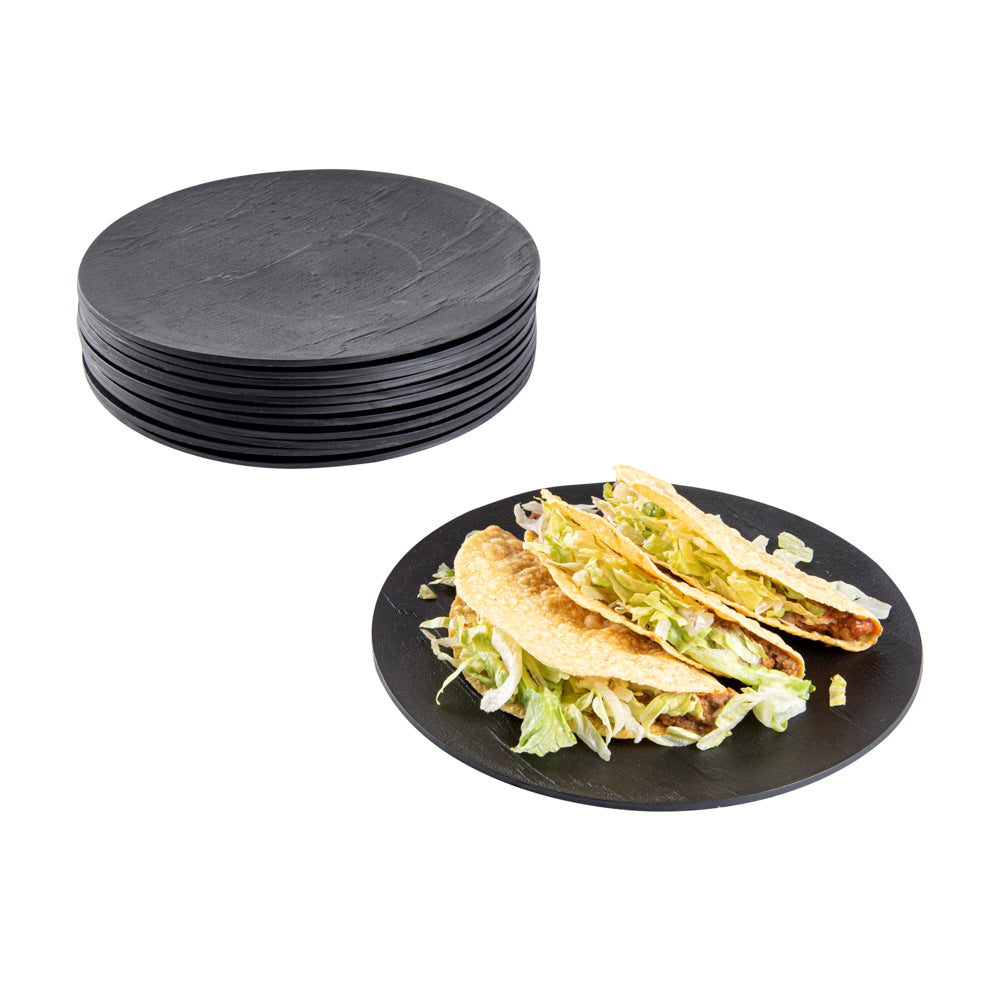 Maxi Serve Round Black Plastic Medium Plate - Faux Slate - 8 3/4" x 8 3/4" - 100 count box
