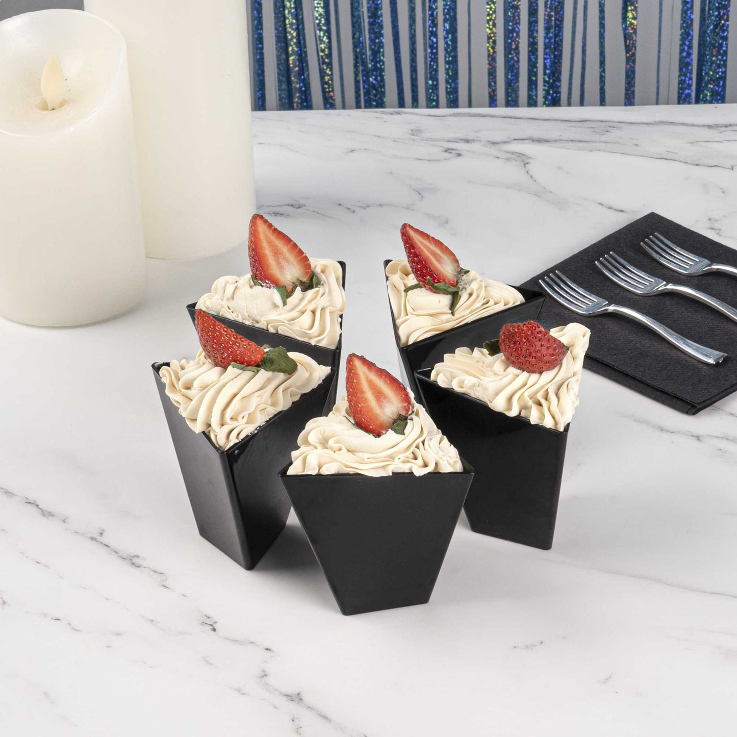 Mini Serve 4 oz Black Plastic Torcente Dessert Cup - 3" x 2 1/2" x 2 3/4" - 100 count box