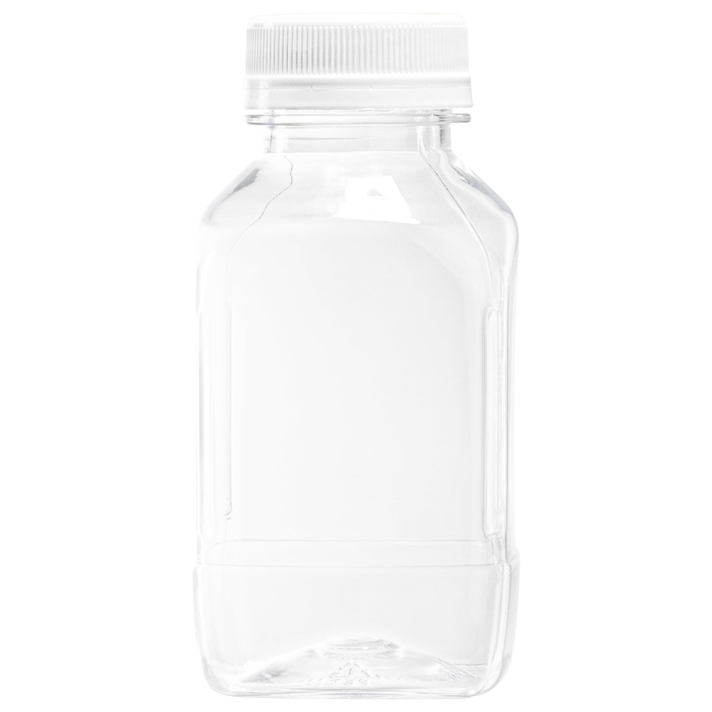Bottle Tek 8 oz Square Clear Plastic Cold Pressed Juice Bottle - with Safety Cap - 2 1/4" x 2 1/4" x 4 3/4" - 100 count box