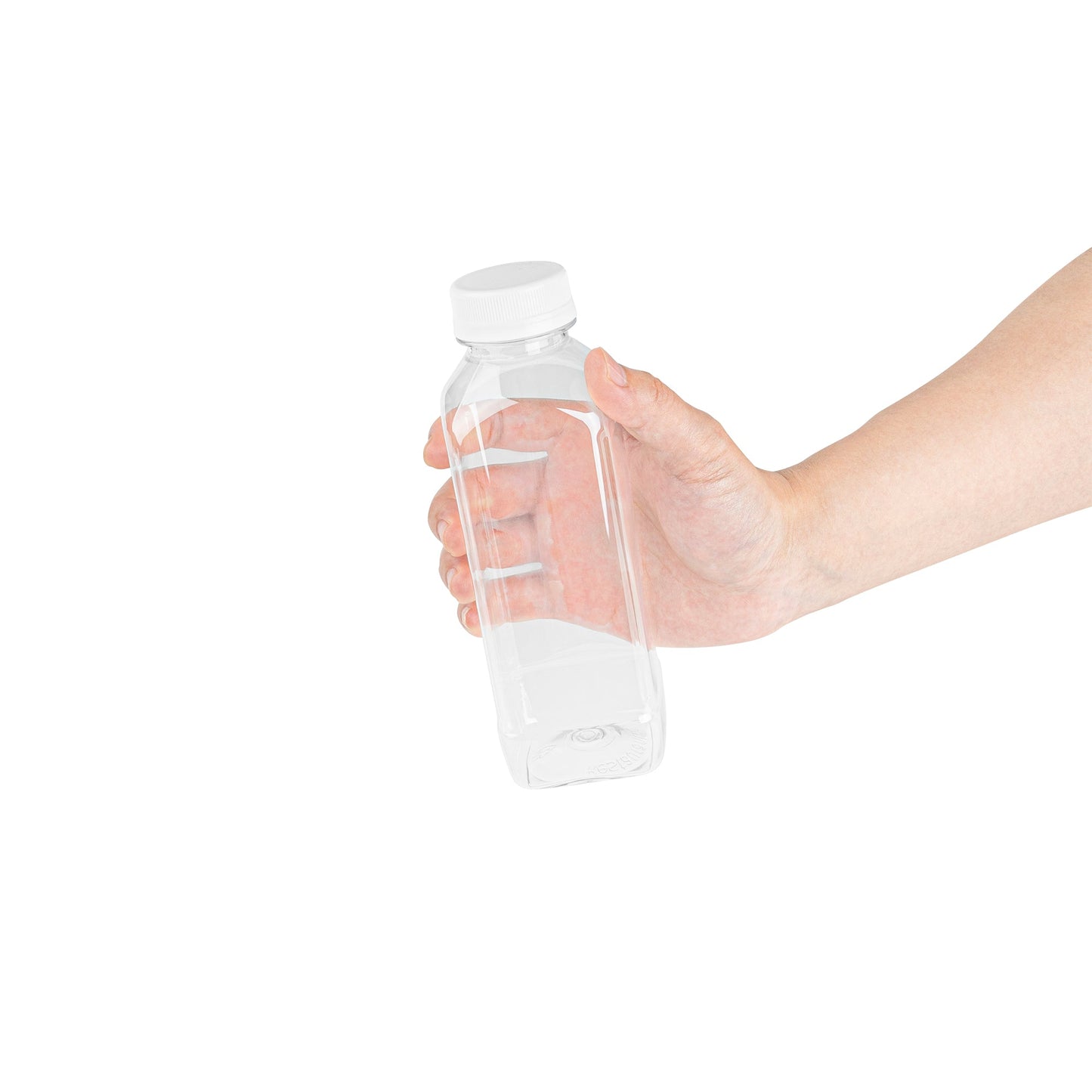 Bottle Tek 16 oz Square Clear Plastic Cold Pressed Juice Bottle - with Safety Cap - 2 1/4" x 2 1/4" x 7" - 100 count box