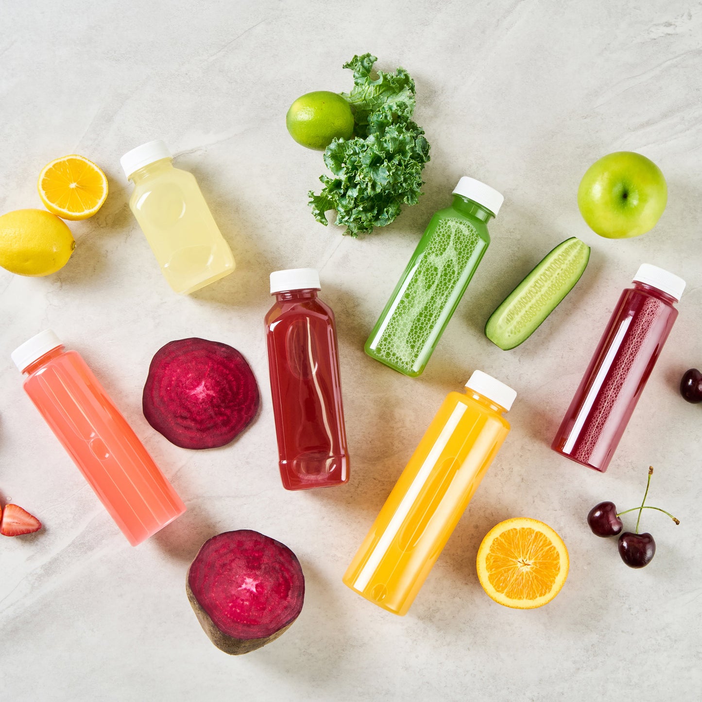Bottle Tek 16 oz Square Clear Plastic Cold Pressed Juice Bottle - with Safety Cap - 2 1/4" x 2 1/4" x 7" - 100 count box
