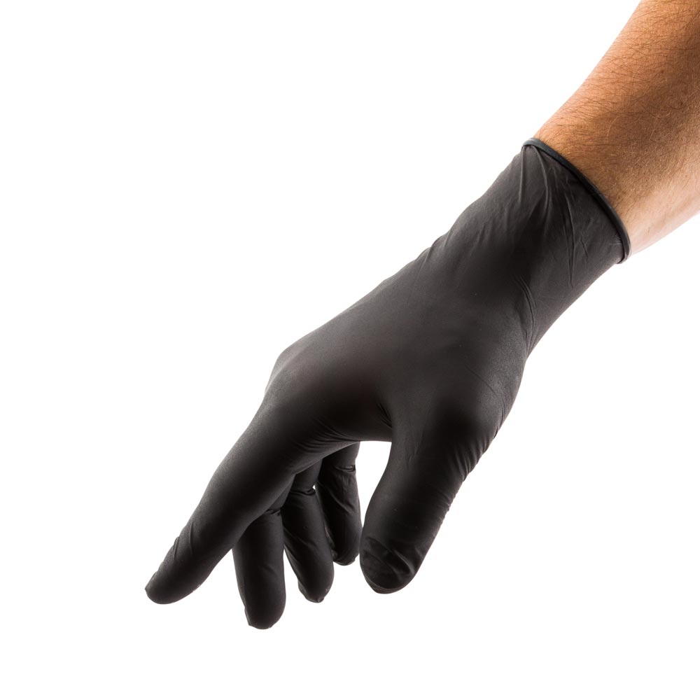 Fashion Serve Black Plastic Large Nitrile Gloves - Powder Free - 9" x 4 1/4" - 100 count box
