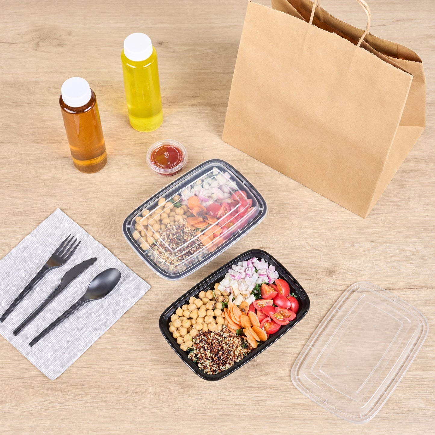 Asporto 24 oz Rectangle Black Plastic To Go Box - with Clear Lid, Microwavable - 8" x 5 1/4" x 1 3/4" - 100 count box