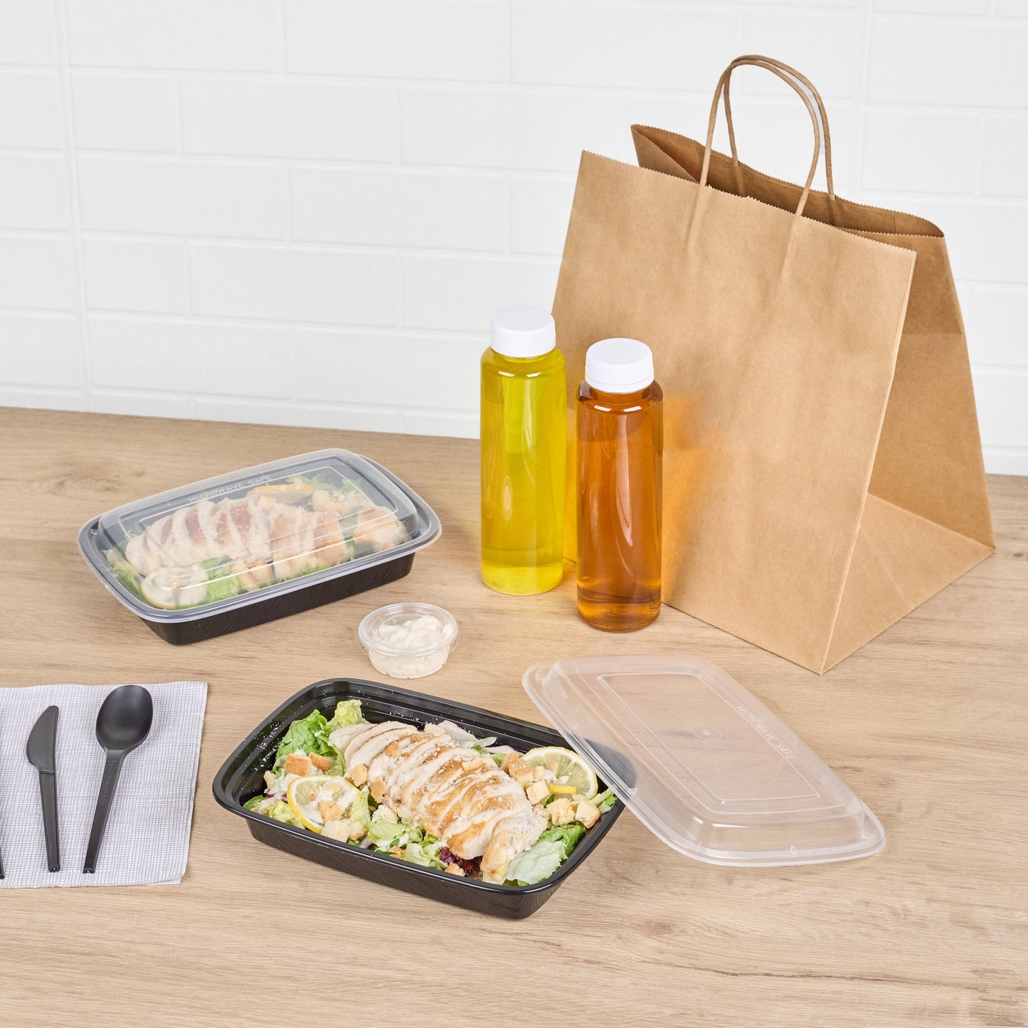 Asporto 28 oz Rectangle Black Plastic To Go Box - with Clear Lid, Microwavable - 8 3/4" x 6" x 1 1/2" - 100 count box