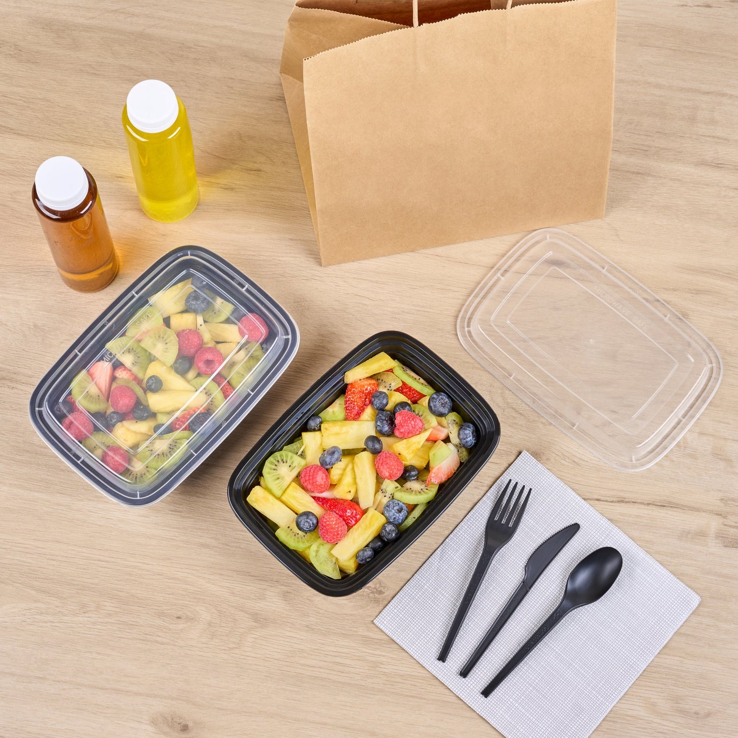 Asporto 38 oz Rectangle Black Plastic To Go Box - with Clear Lid, Microwavable - 8 3/4" x 6" x 2" - 100 count box