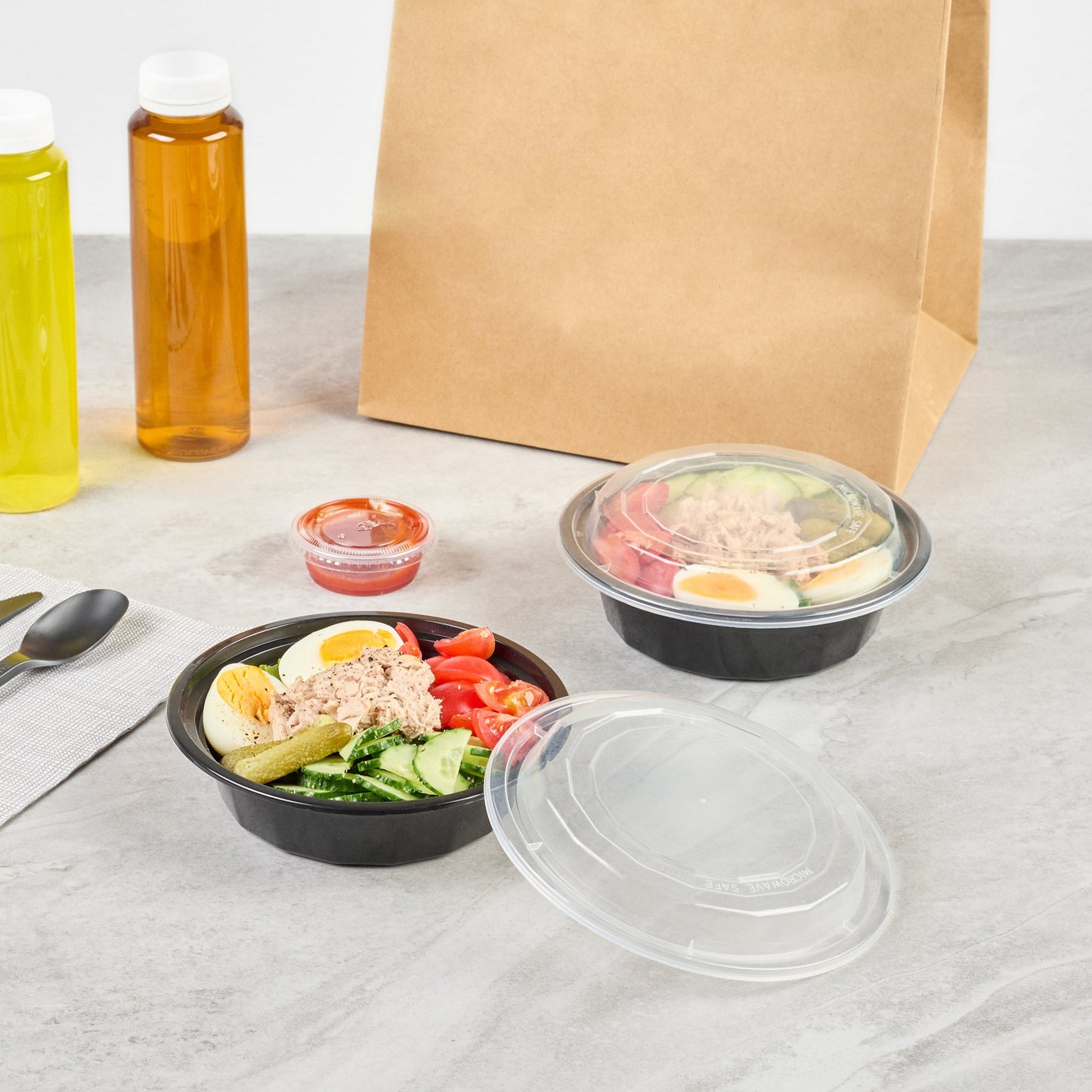 Asporto 16 oz Round Black Plastic To Go Box - with Clear Lid, Microwavable - 6 1/4" x 6 1/4" x 1 3/4" - 100 count box