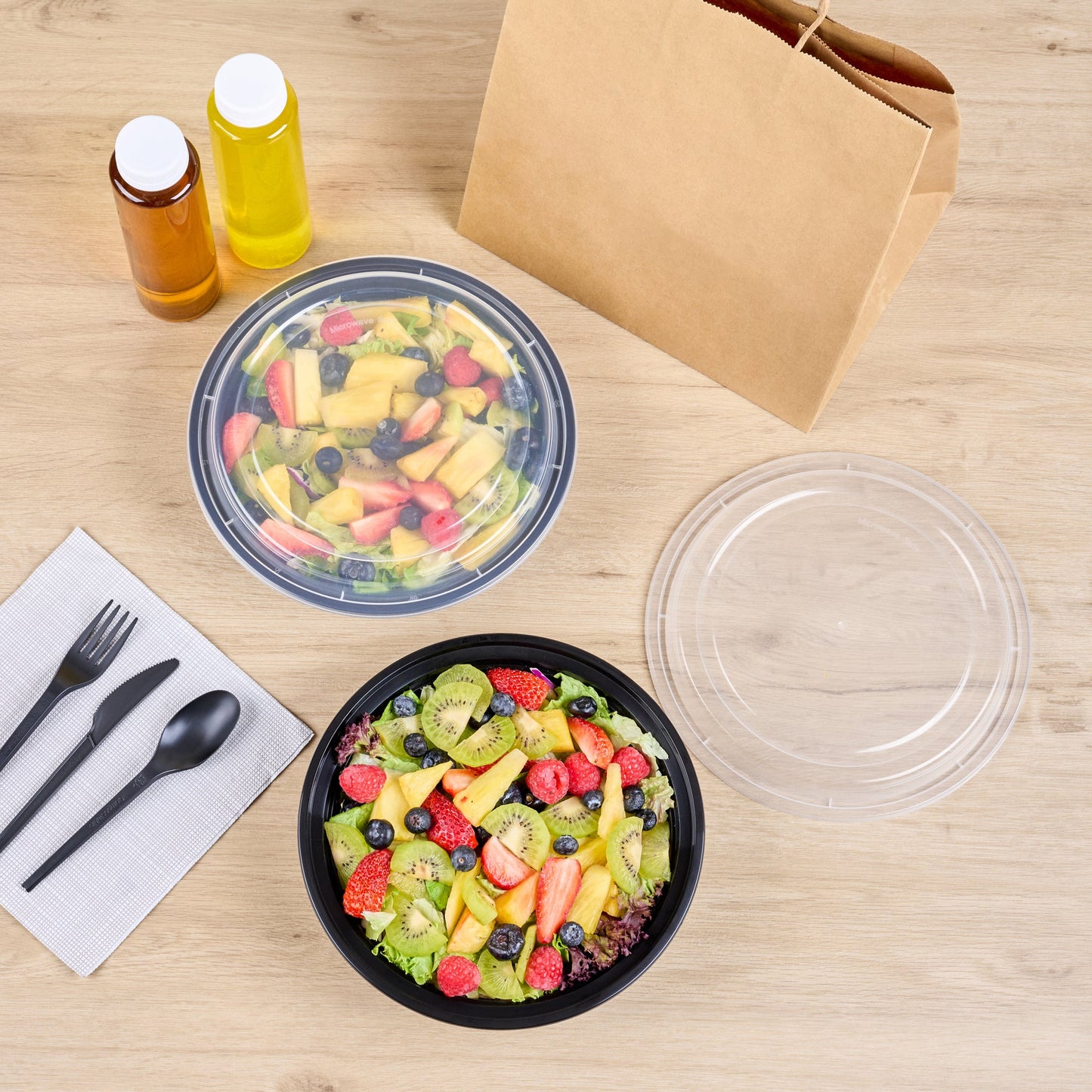 Asporto 48 oz Round Black Plastic To Go Box - with Clear Lid, Microwavable - 9" x 9" x 1 3/4" - 100 count box