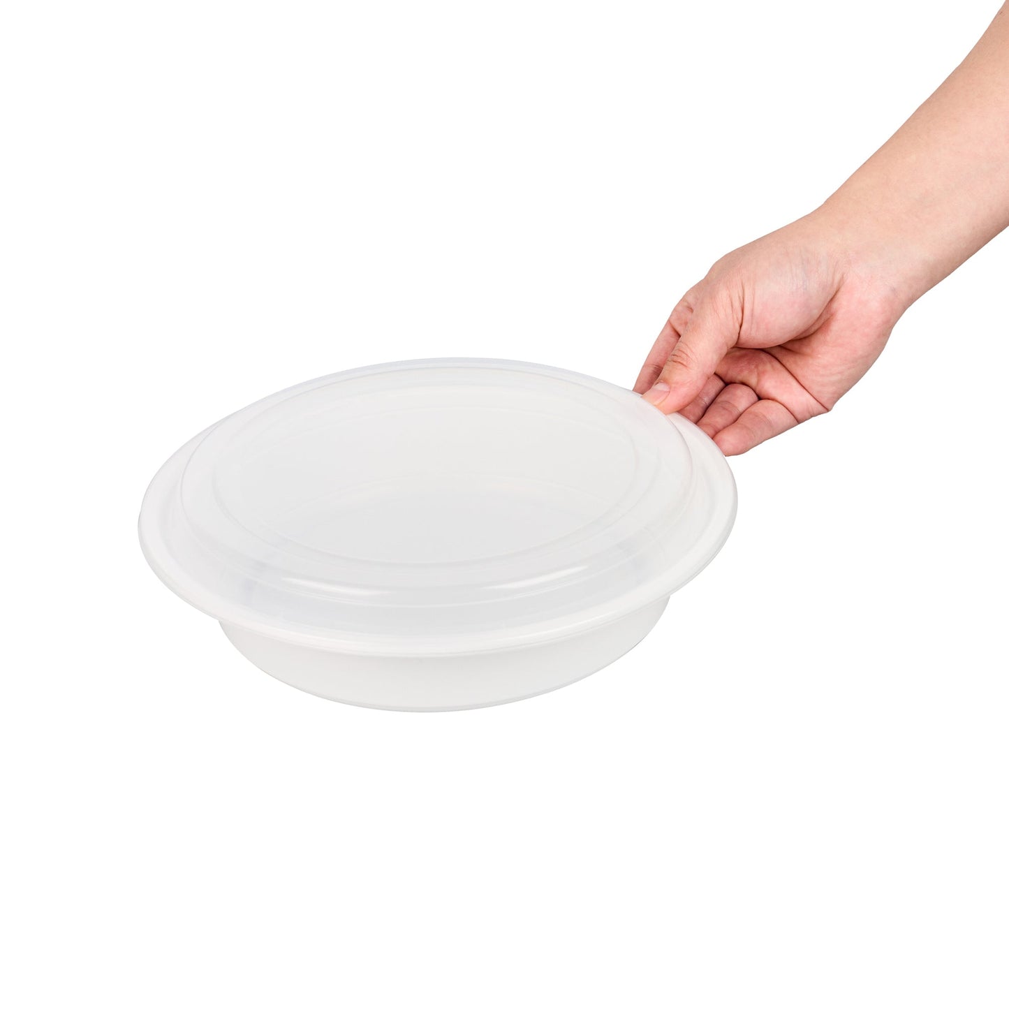 Asporto 48 oz Round White Plastic To Go Box - with Clear Lid, Microwavable - 9" x 9" x 1 3/4" - 100 count box