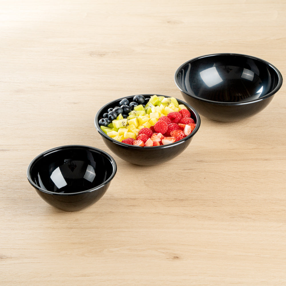 Maxi Serve 18 oz Round Black Plastic Salad Bowl - 6" x 6" x 2 1/2" - 200 count box