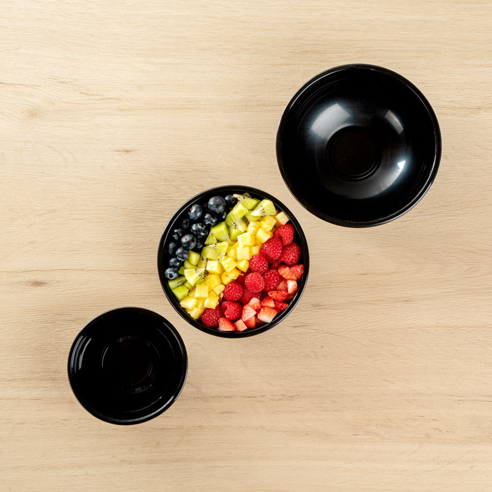 Maxi Serve 18 oz Round Black Plastic Salad Bowl - 6" x 6" x 2 1/2" - 200 count box