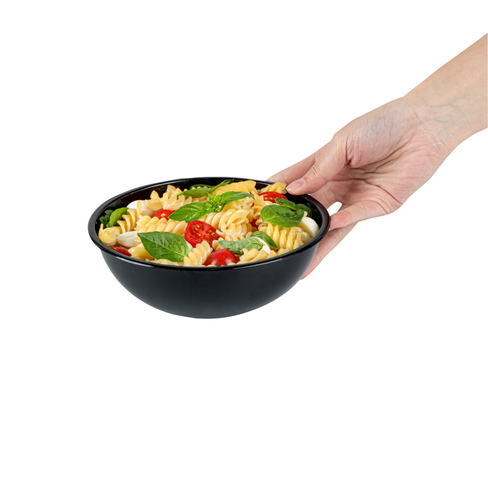 Maxi Serve 21 oz Round Black Plastic Salad Bowl - 6 3/4" x 6 3/4" x 2 1/2" - 200 count box