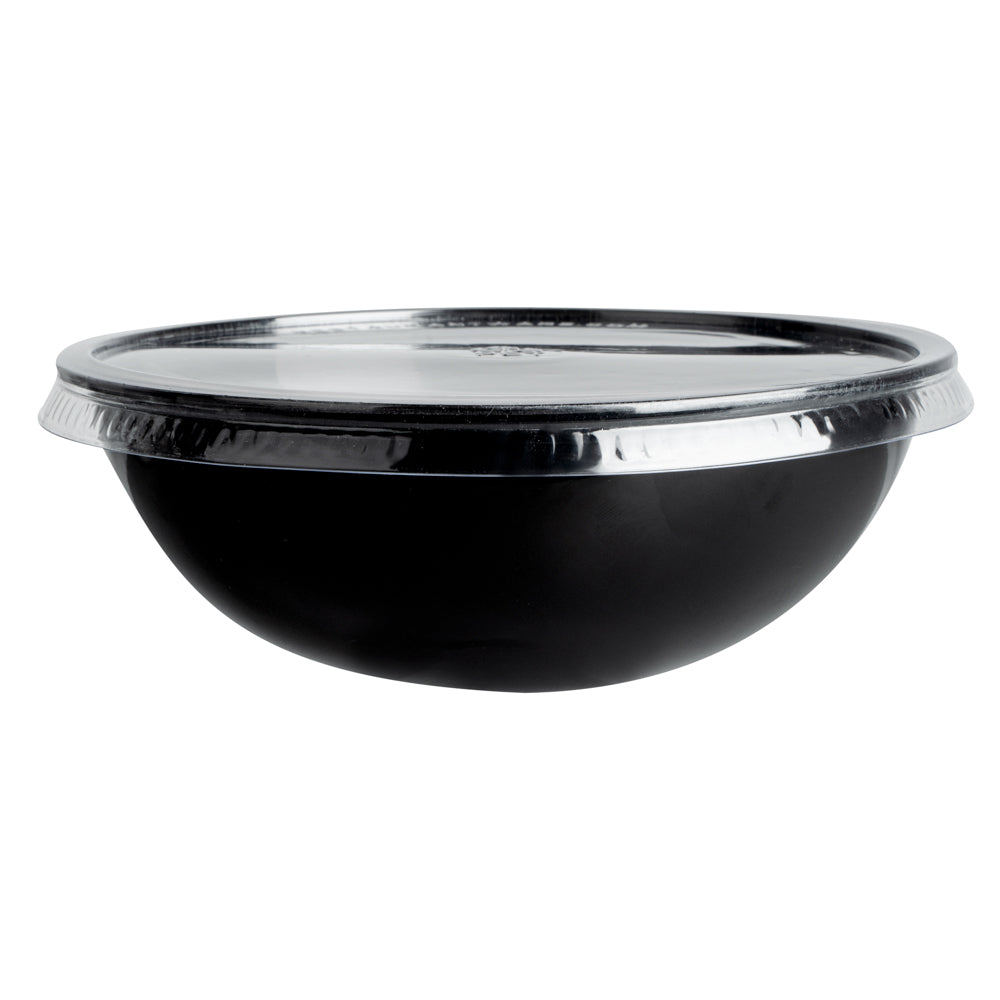 Maxi Serve 21 oz Round Black Plastic Salad Bowl - 6 3/4" x 6 3/4" x 2 1/2" - 200 count box