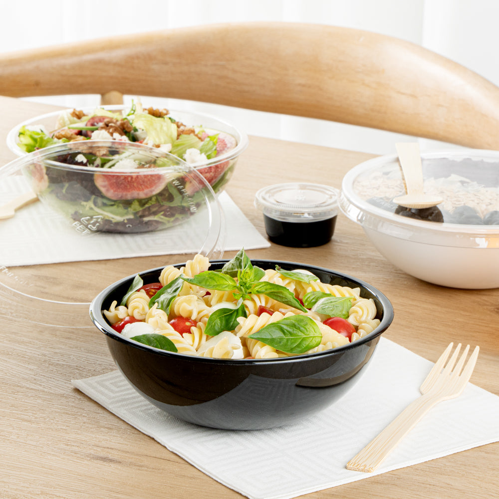 Maxi Serve 21 oz Round Black Plastic Salad Bowl - 6 3/4" x 6 3/4" x 2 1/2" - 200 count box