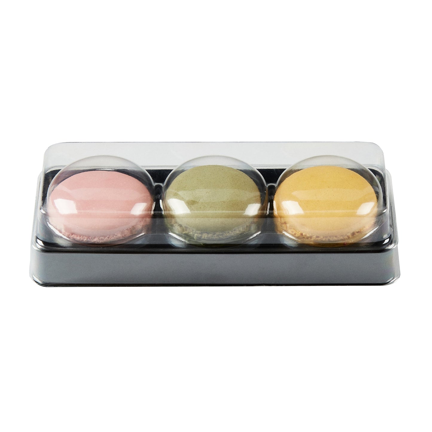 Shock Safe Rectangle Black Plastic Macaron Take Out Box - Fits 3 Macarons - 5 3/4" x 2 1/4" x 1 1/2" - 100 count box