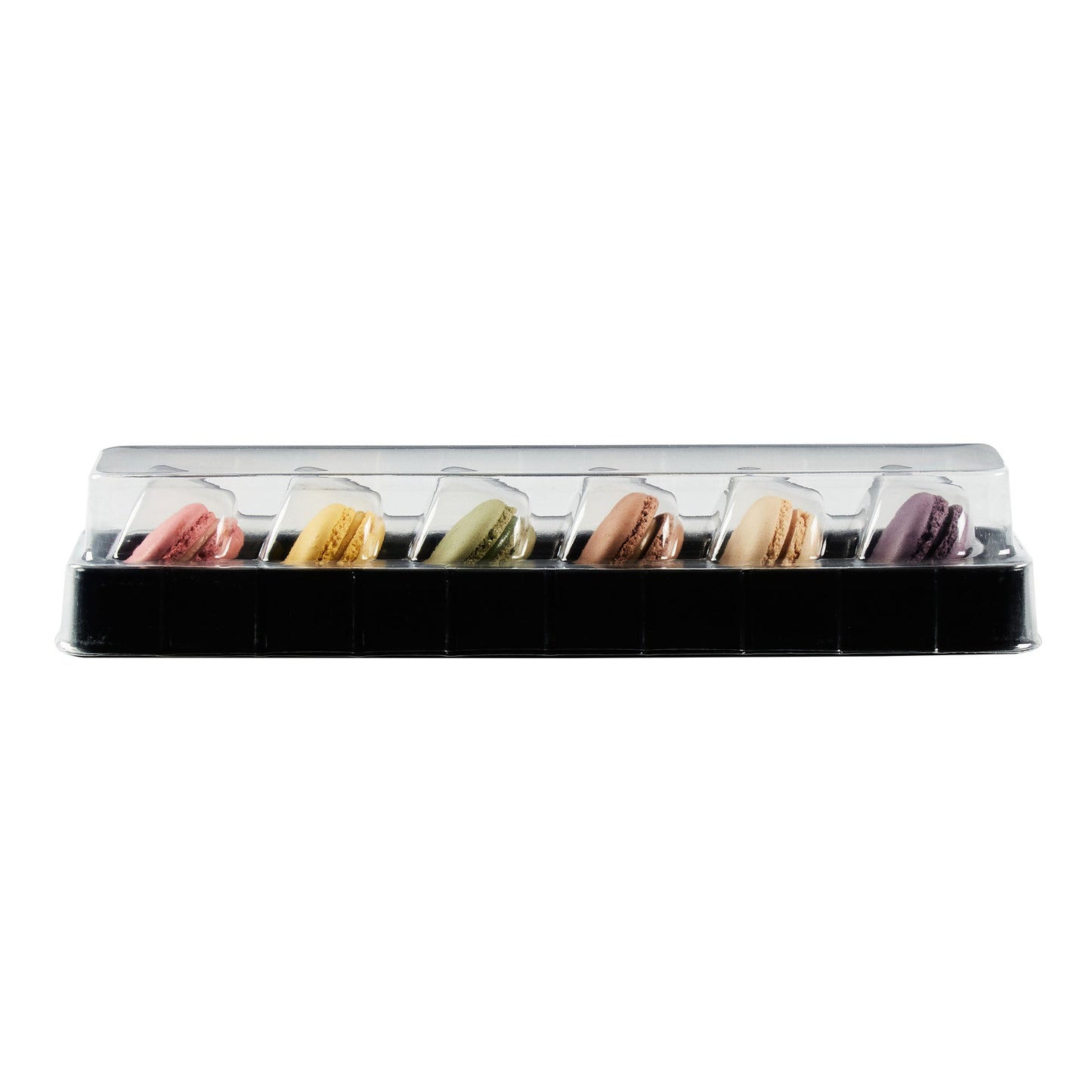 Shock Safe Rectangle Black Plastic Macaron Take Out Box - Fits 6 Macarons - 11" x 2 1/2" x 2" - 100 count box